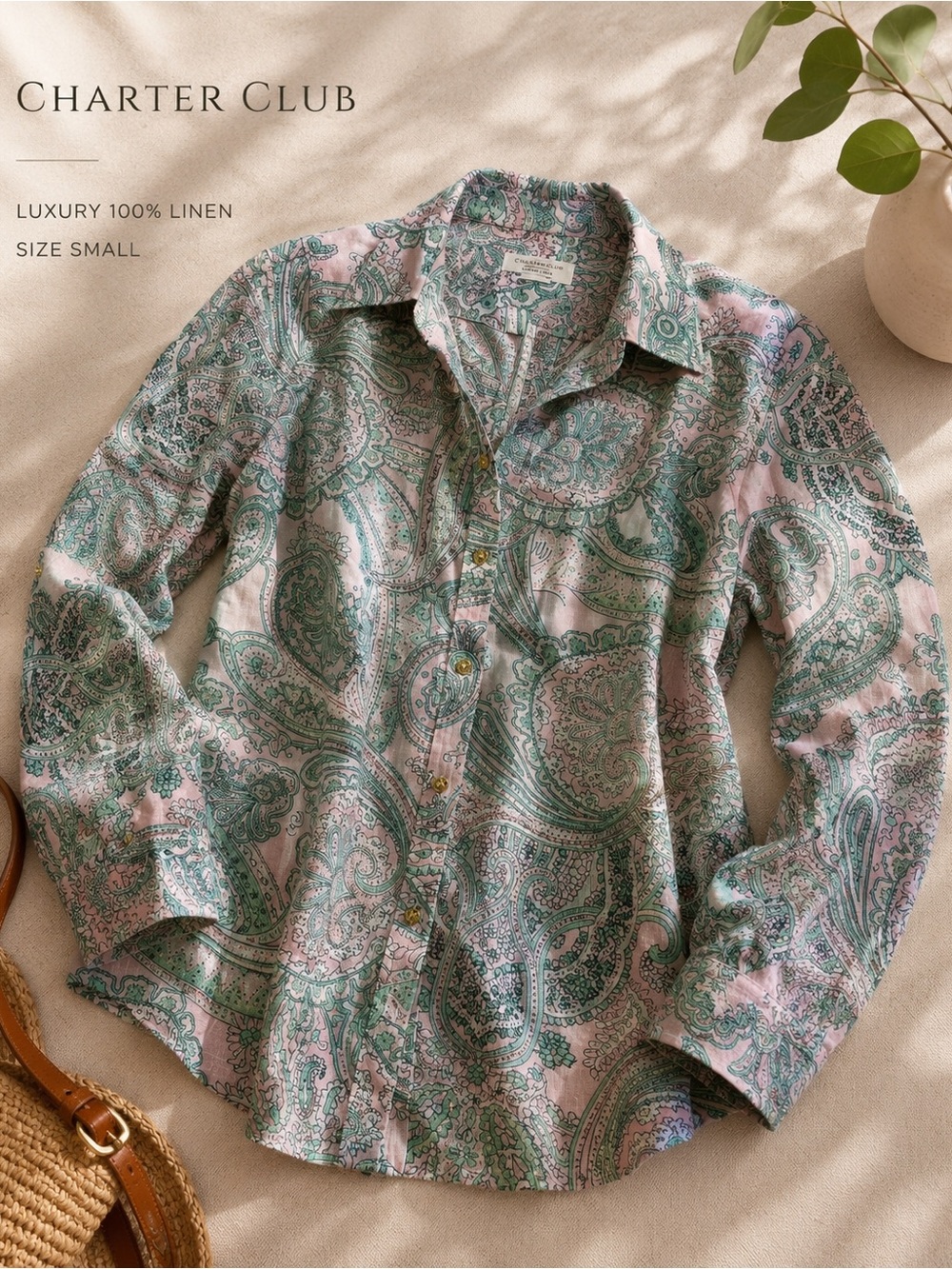 Charter Club Pink and Green Paisley Linen Button-Down Shirt
